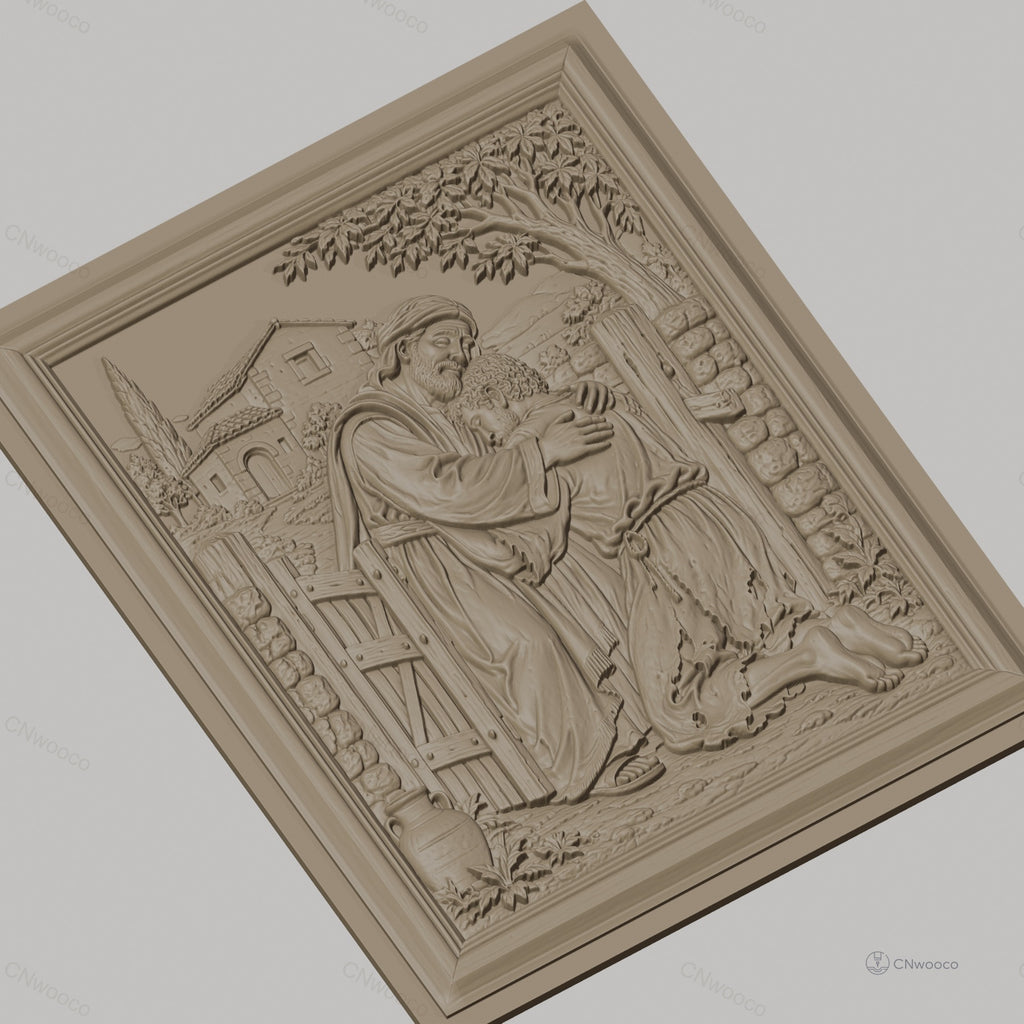 Fichier CNC & impression 3D scène biblique le fils prodigue embrassé, maison et arbre arrière-plan, haute qualité relief STL