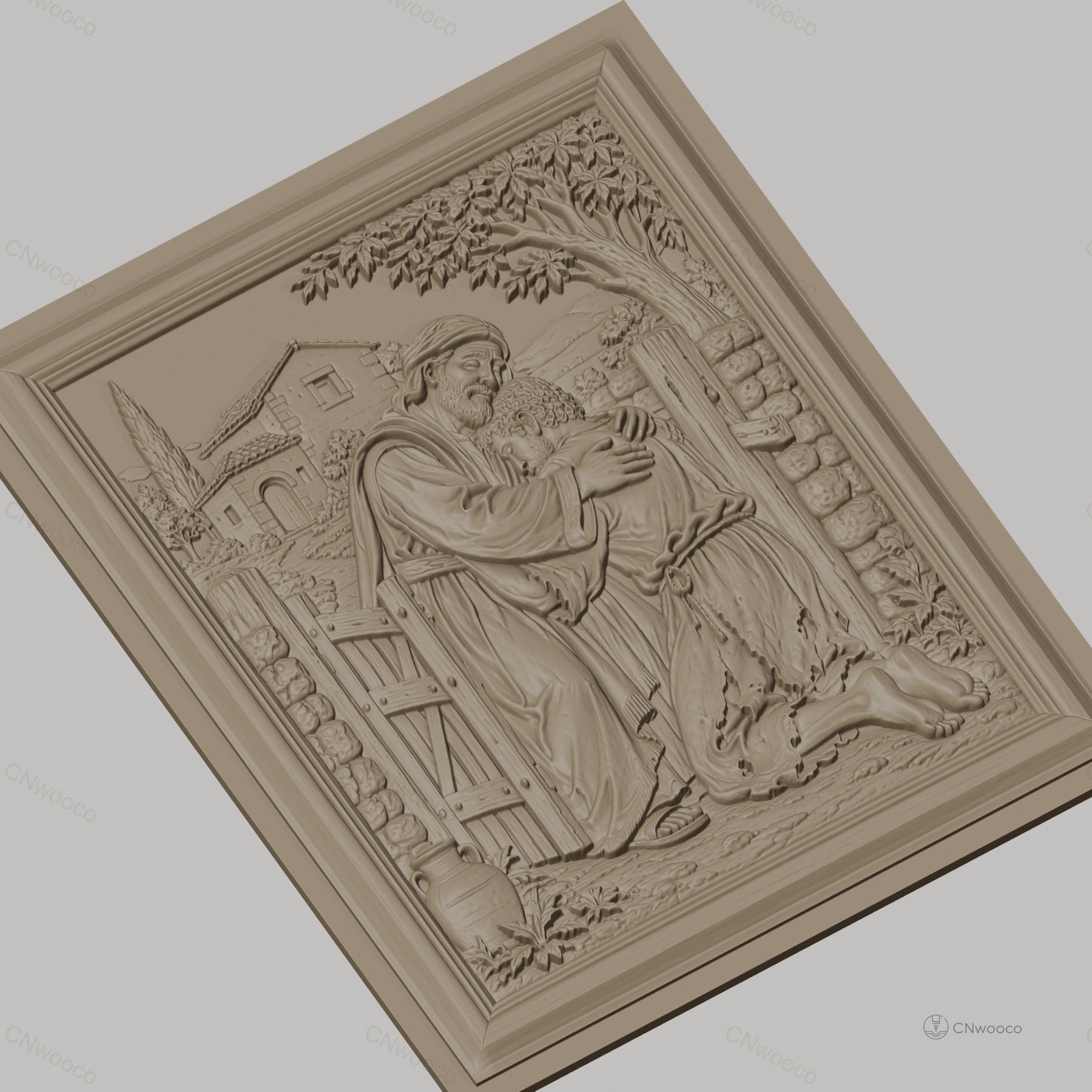 Fichier CNC & impression 3D scène biblique le fils prodigue embrassé, maison et arbre arrière-plan, haute qualité relief STL