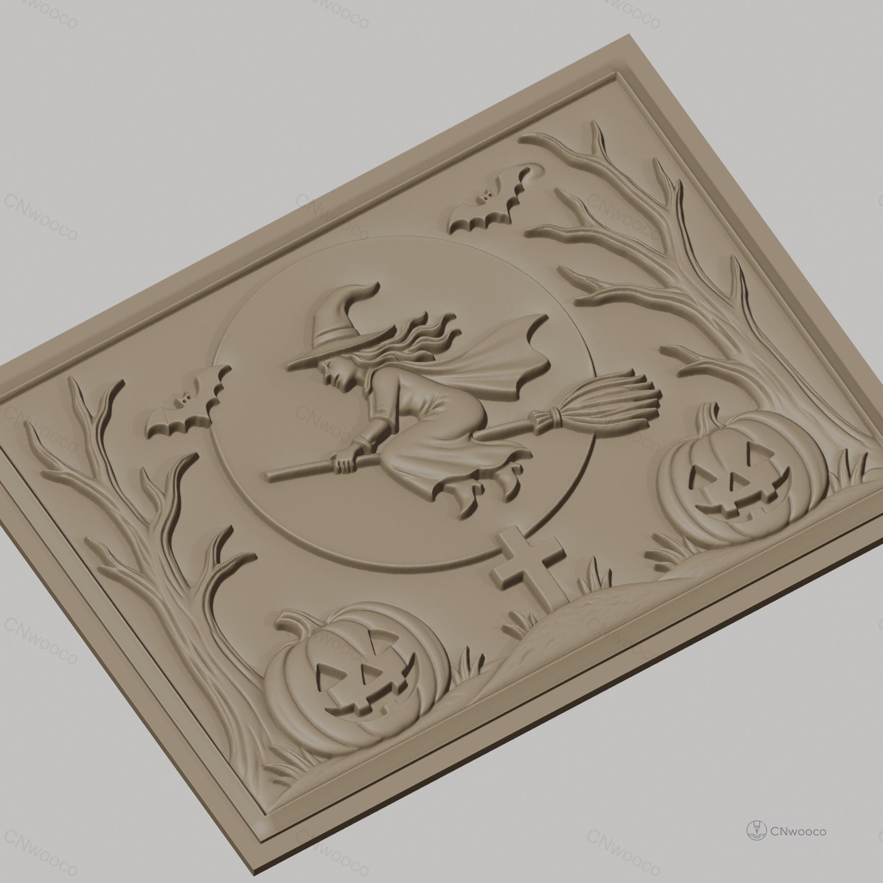 Fichier CNC & impression 3D Halloween, sorcière volante, citrouilles, chauves-souris, tombe, haute qualité relief STL