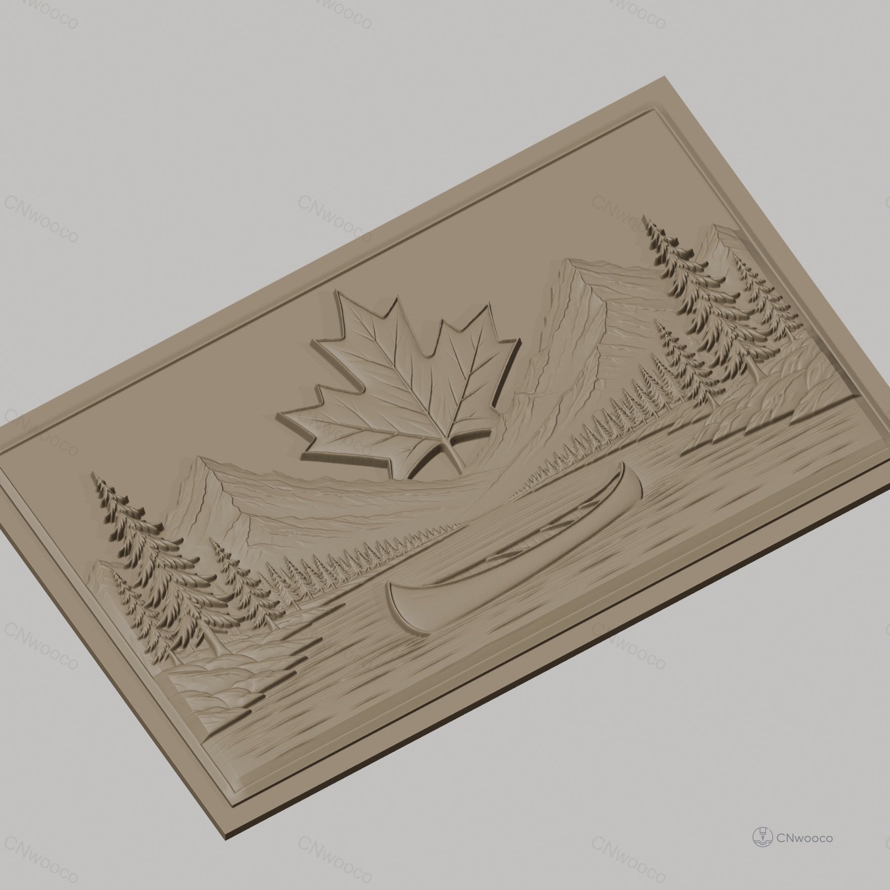 Fichier CNC & impression 3D paysage nature avec canoë et feuille d'érable, haute qualité relief STL