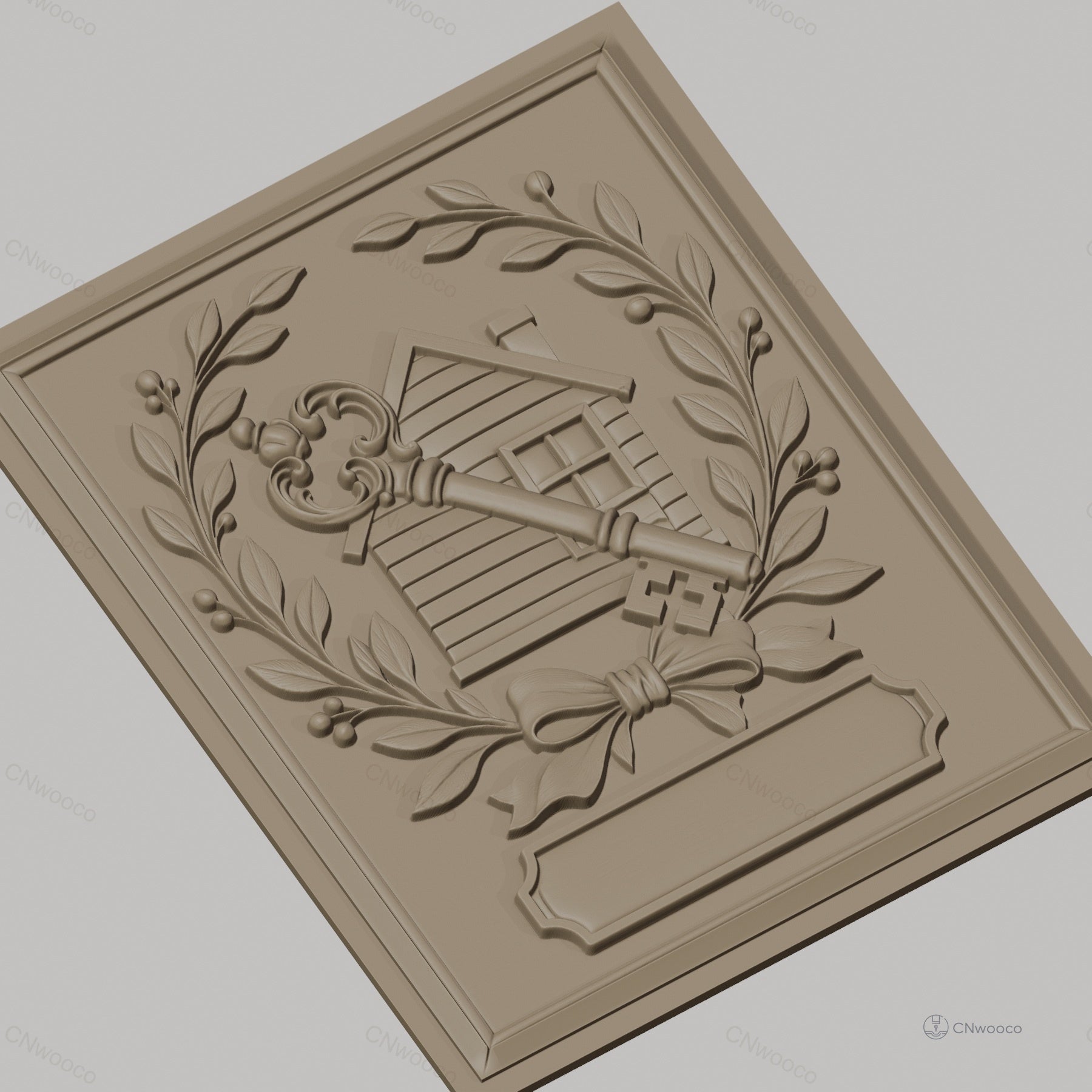 Fichier CNC & impression 3D clé vintage et maison avec couronne de feuilles, haute qualité relief STL