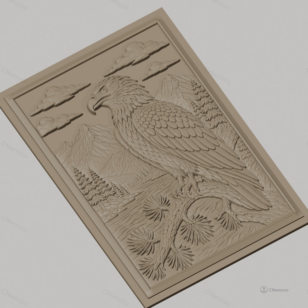 Fichier CNC & impression 3D aigle et paysage montagneux, forêt et rivière, haute qualité relief STL