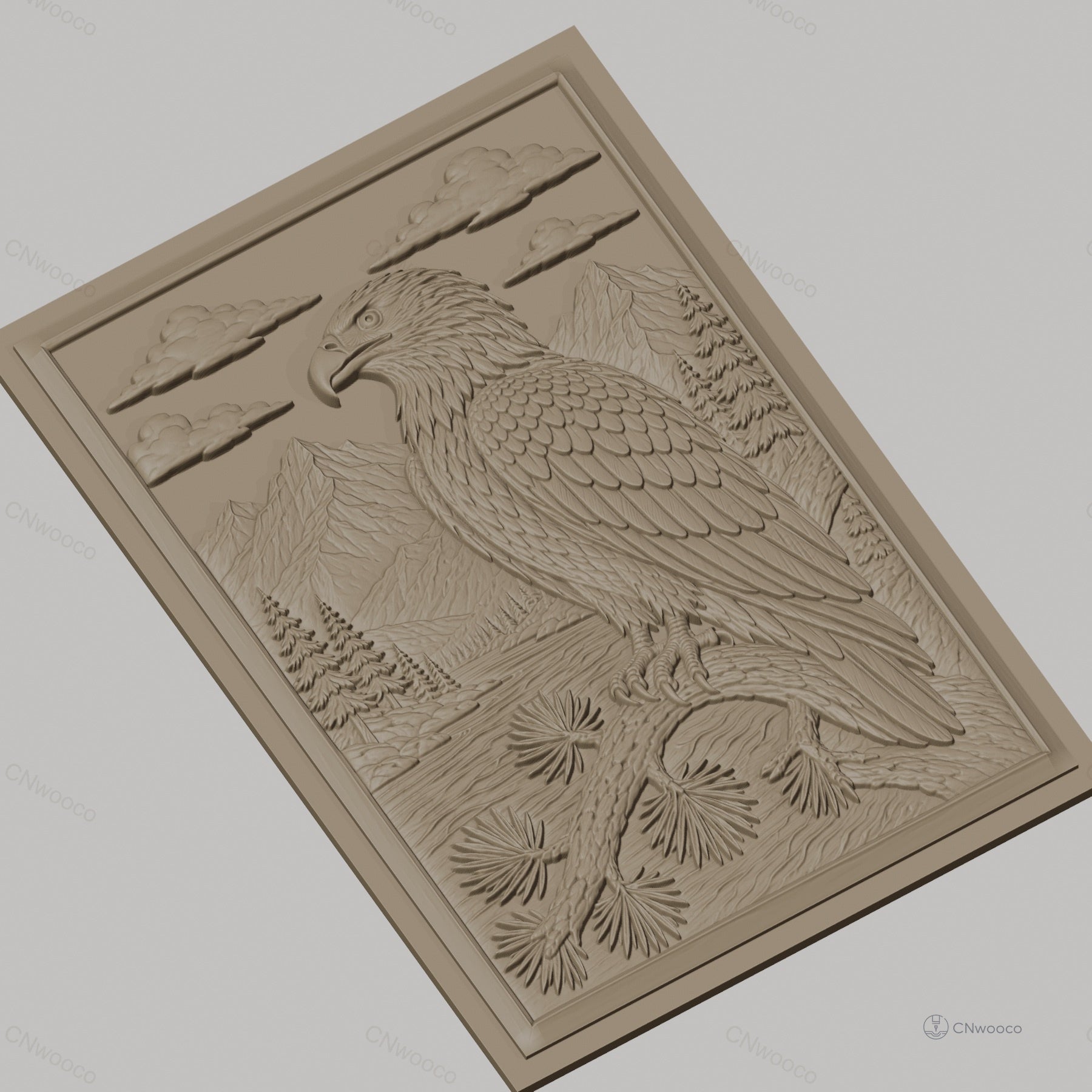 Fichier CNC & impression 3D aigle et paysage montagneux, forêt et rivière, haute qualité relief STL