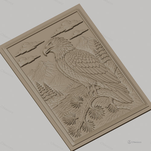 Fichier CNC & impression 3D aigle et paysage montagneux, forêt et rivière, haute qualité relief STL