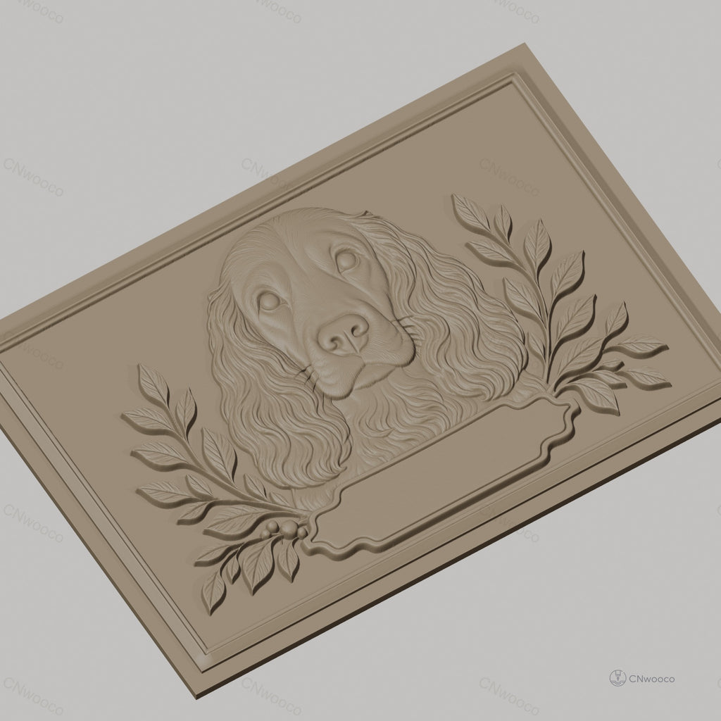 Fichier CNC & impression 3D chien cocker et feuilles décoratives, haute qualité relief STL