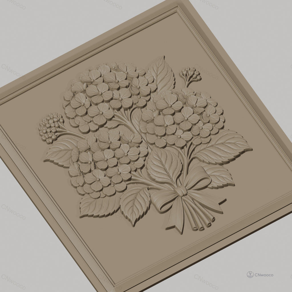 Fichier CNC & impression 3D bouquet d'hortensias, fleurs et feuilles en relief, haute qualité relief STL