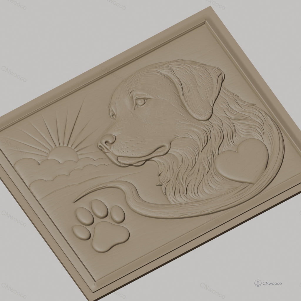 Fichier CNC & impression 3D chien Golden Retriever, patte, cœur et soleil, haute qualité relief STL