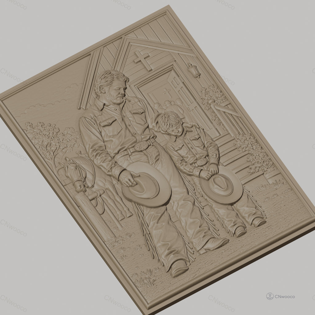 Fichier CNC & impression 3D père et fils cowboys priant devant église, cheval, croix, tenue western, haute qualité relief STL