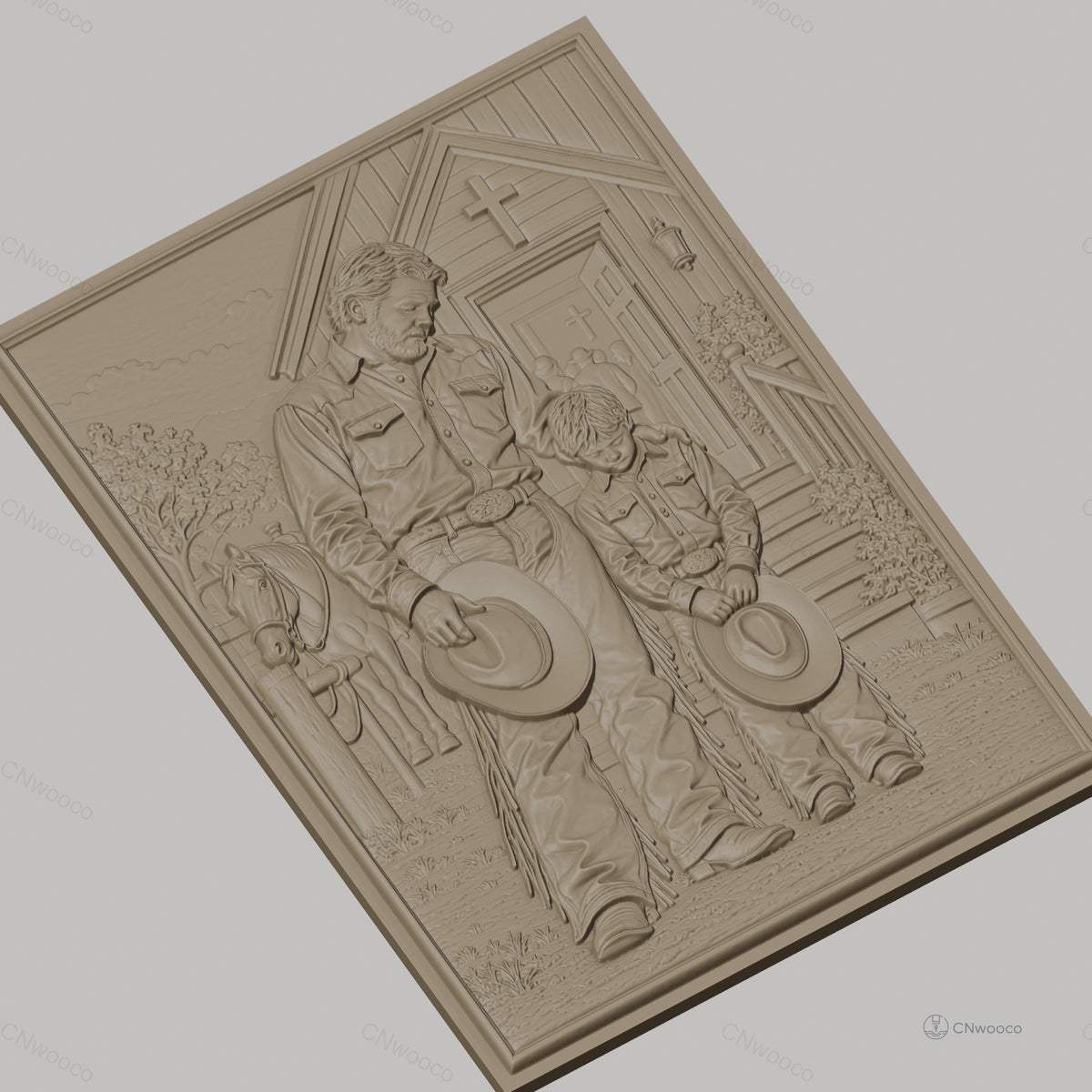 Fichier CNC & impression 3D père et fils cowboys priant devant église, cheval, croix, tenue western, haute qualité relief STL