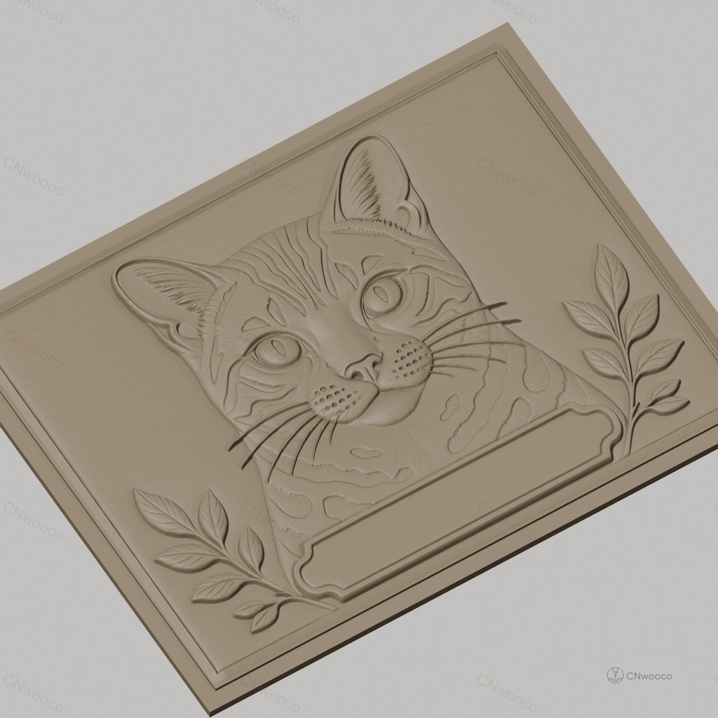 Fichier CNC & impression 3D chat avec feuillage cadre, haute qualité relief STL