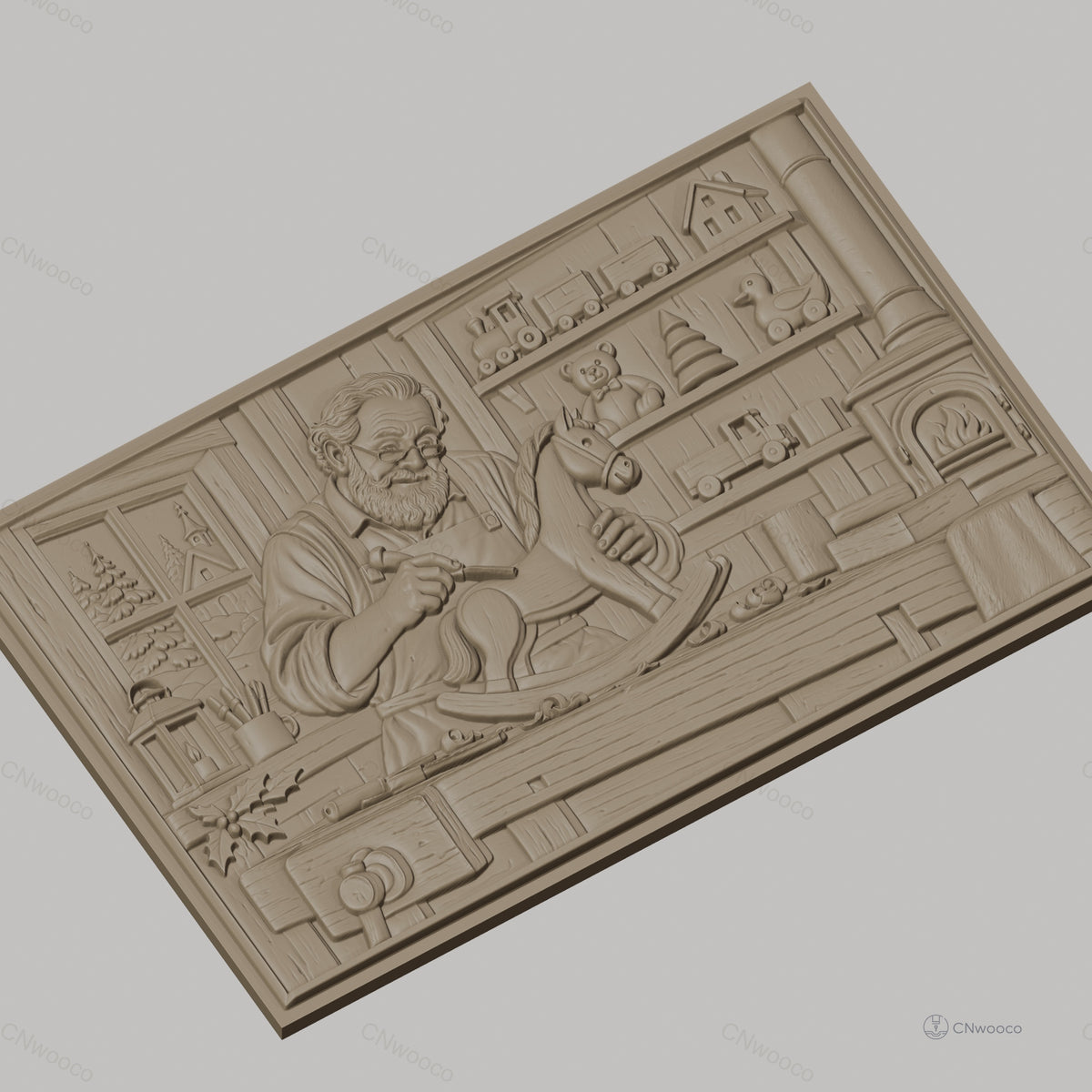 Fichier CNC & impression 3D atelier de menuiserie, artisan sculptant cheval à bascule, haute qualité relief STL
