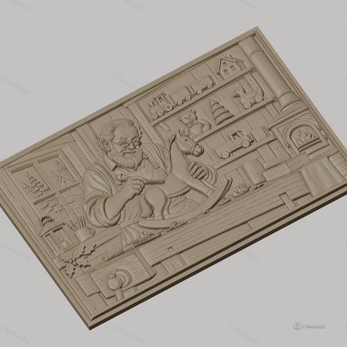 Fichier CNC & impression 3D atelier de menuiserie, artisan sculptant cheval à bascule, haute qualité relief STL