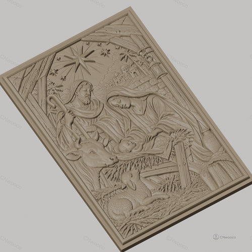 Fichier CNC & impression 3D scène de la nativité avec la Sainte Famille, animaux et étoile haute qualité relief STL