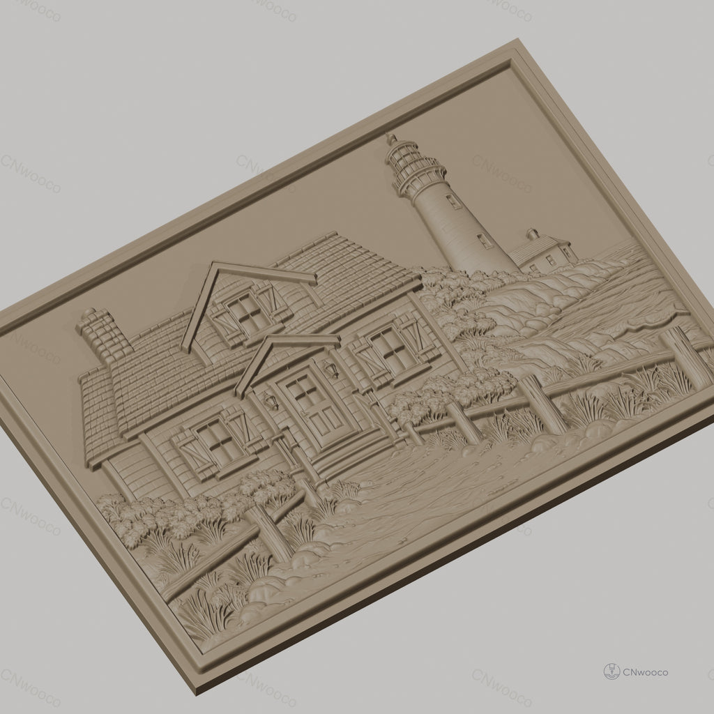 Fichier CNC & impression 3D maison au bord de mer, phare, sentier et végétation, haute qualité relief STL
