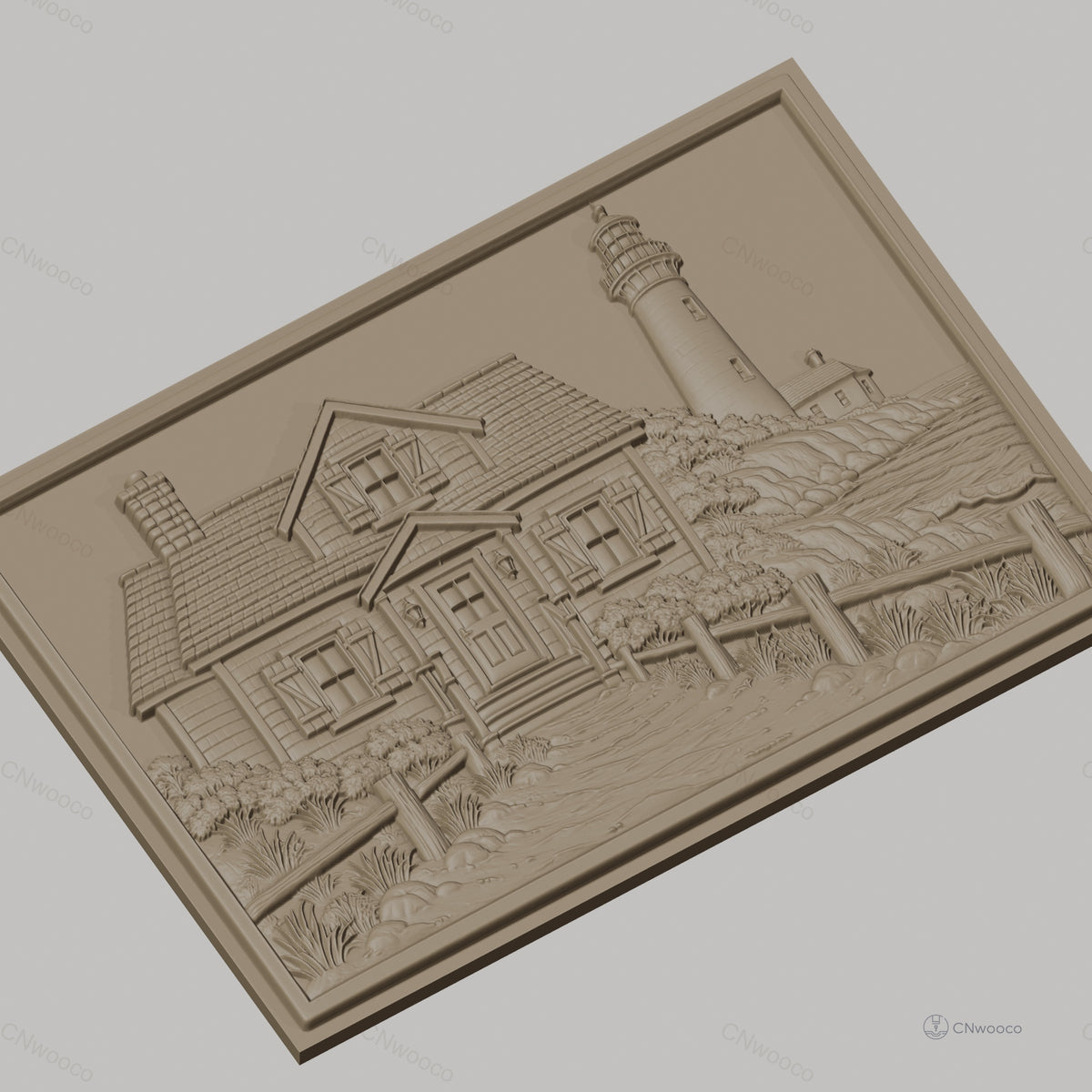 Fichier CNC & impression 3D maison au bord de mer, phare, sentier et végétation, haute qualité relief STL