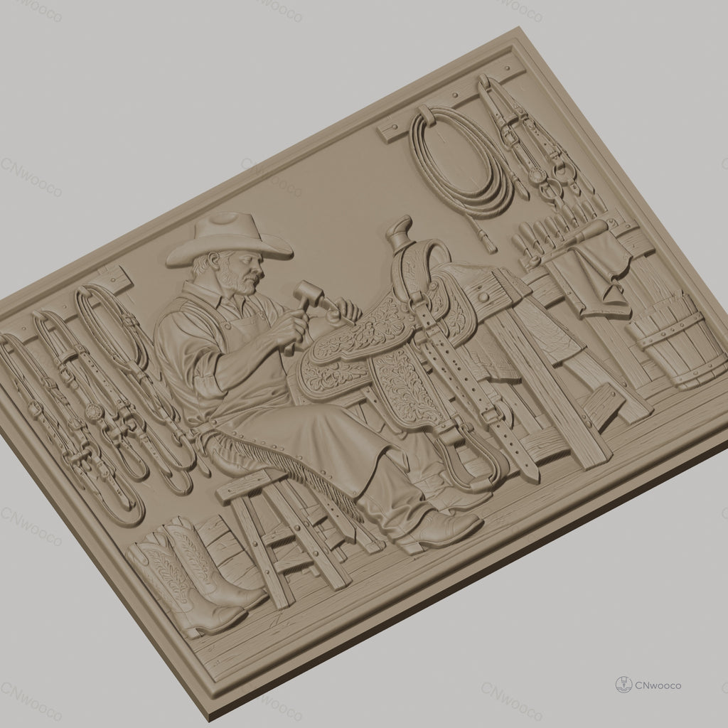 Fichier CNC & impression 3D artiste sellier, cowboy, selle et outils, haute qualité relief STL