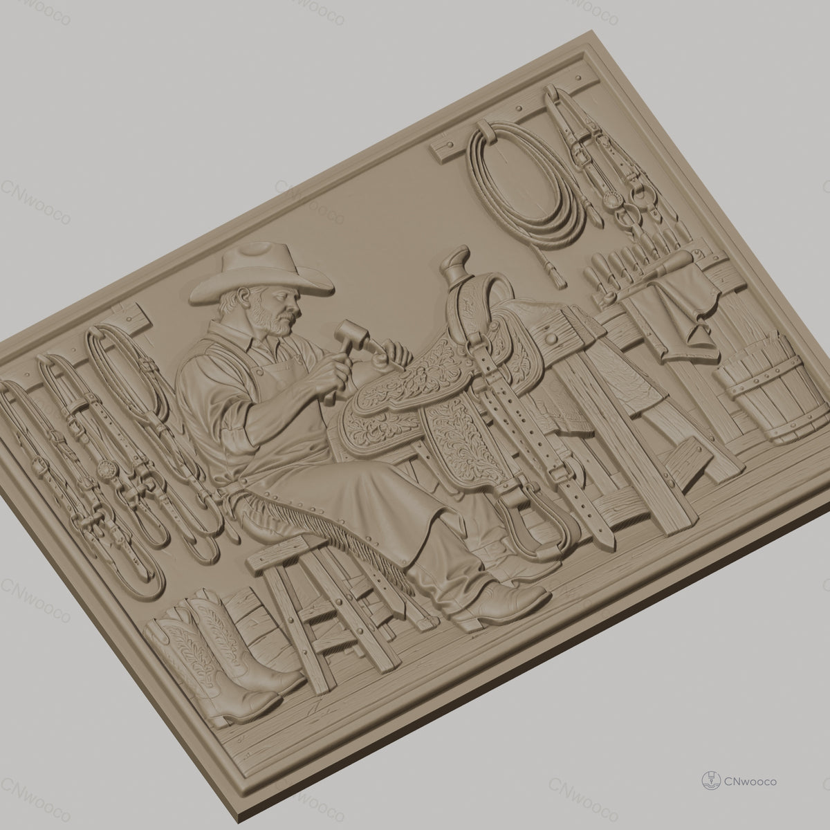 Fichier CNC & impression 3D artiste sellier, cowboy, selle et outils, haute qualité relief STL