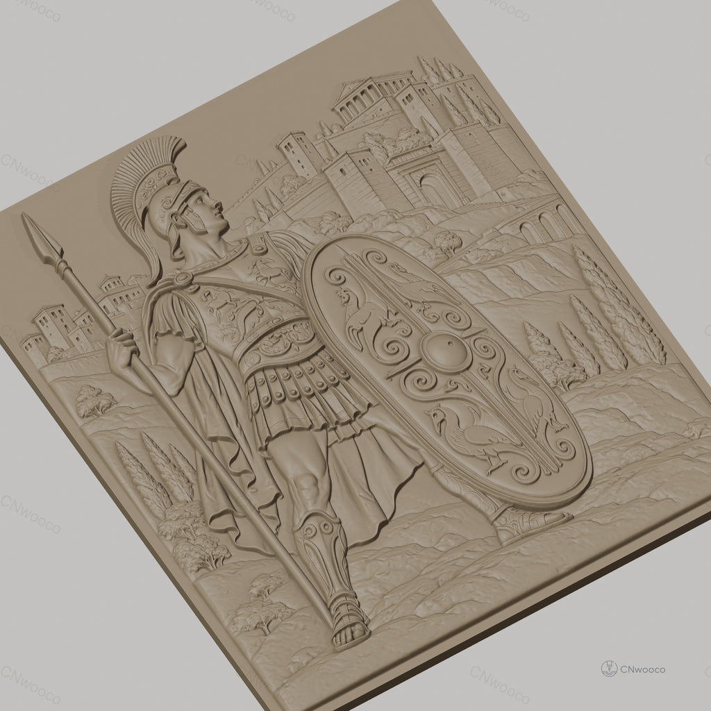 Fichier CNC & impression 3D guerrier romain avec bouclier décoré et lance, château en arrière-plan haute qualité relief STL