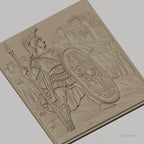 Fichier CNC & impression 3D guerrier romain avec bouclier décoré et lance, château en arrière-plan haute qualité relief STL
