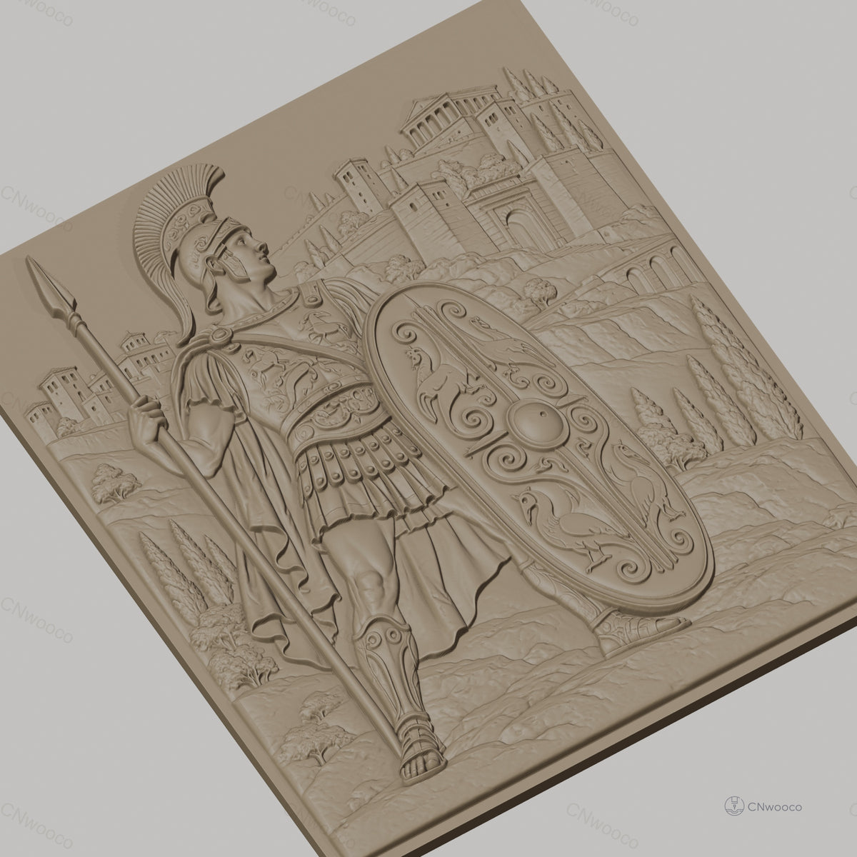 Fichier CNC & impression 3D guerrier romain avec bouclier décoré et lance, château en arrière-plan haute qualité relief STL