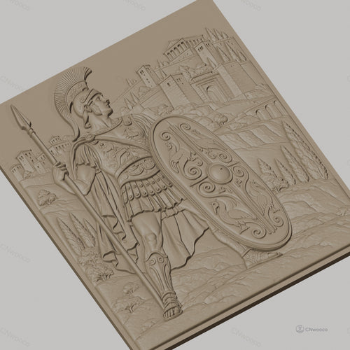 Fichier CNC & impression 3D guerrier romain avec bouclier décoré et lance, château en arrière-plan haute qualité relief STL