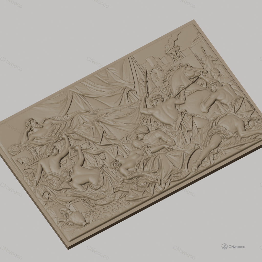 Fichier CNC & impression 3D scène antique avec guerriers, chevaux et roi drapé, haute qualité relief STL