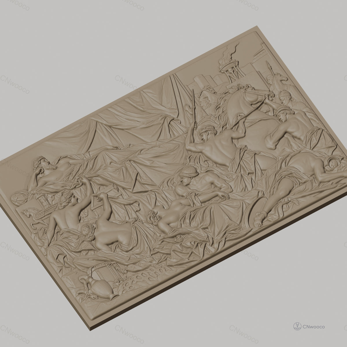 Fichier CNC & impression 3D scène antique avec guerriers, chevaux et roi drapé, haute qualité relief STL