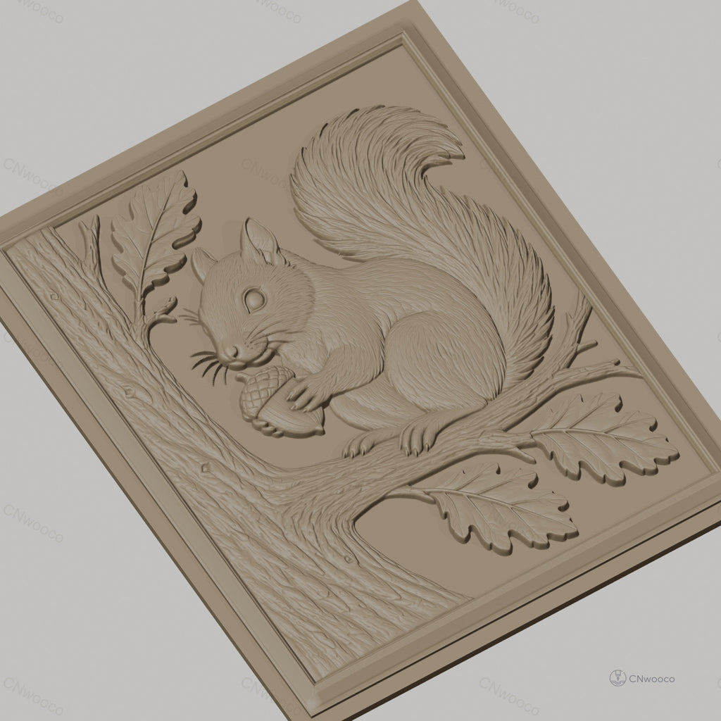 Fichier CNC & impression 3D écureuil, gland, branche et feuillage, haute qualité relief STL