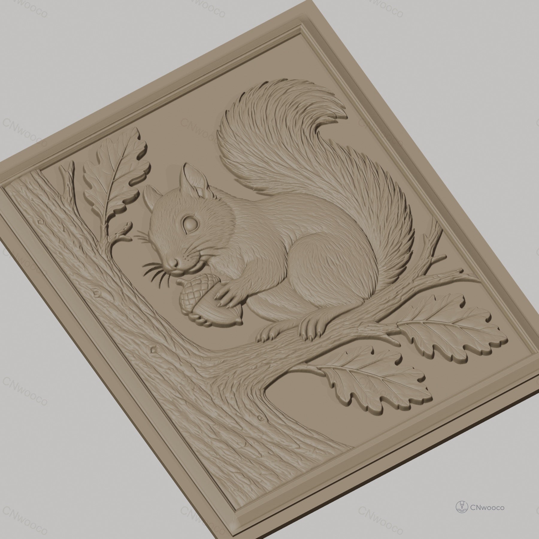 Fichier CNC & impression 3D écureuil, gland, branche et feuillage, haute qualité relief STL