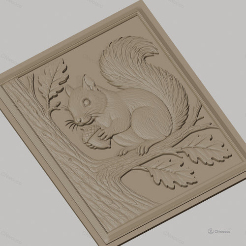 Fichier CNC & impression 3D écureuil, gland, branche et feuillage, haute qualité relief STL