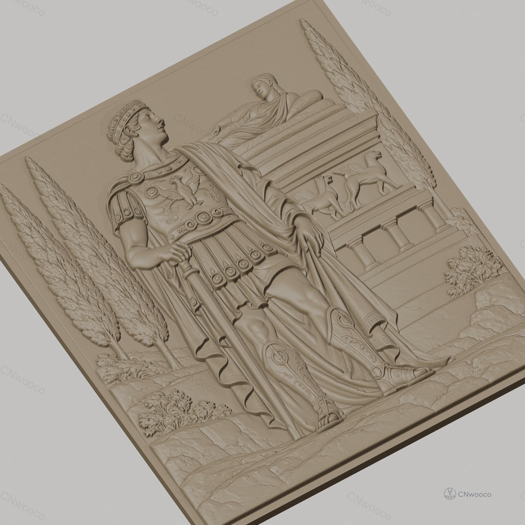 Fichier CNC & impression 3D guerrier romain debout, relief antique, colonne et cyprès, haute qualité relief STL