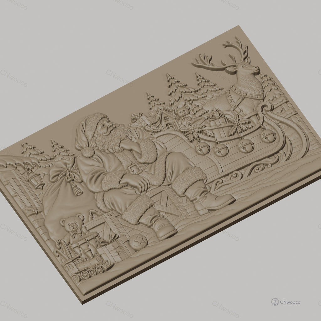 Fichier CNC & impression 3D Noël, Père Noël avec traîneau, rennes, cadeaux et sapins, haute qualité relief STL