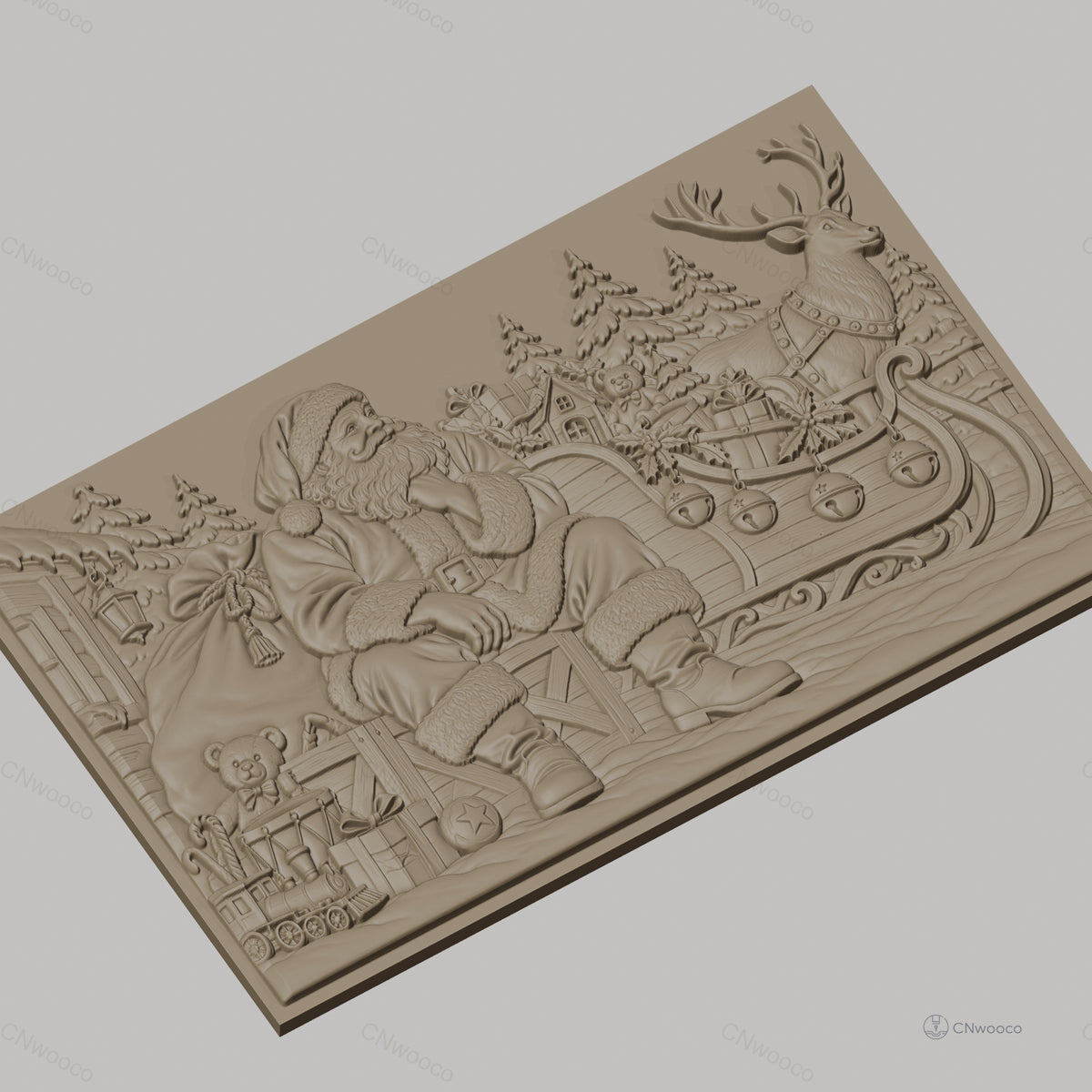 Fichier CNC & impression 3D Noël, Père Noël avec traîneau, rennes, cadeaux et sapins, haute qualité relief STL