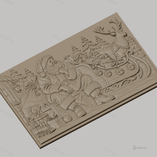Fichier CNC & impression 3D Noël, Père Noël avec traîneau, rennes, cadeaux et sapins, haute qualité relief STL