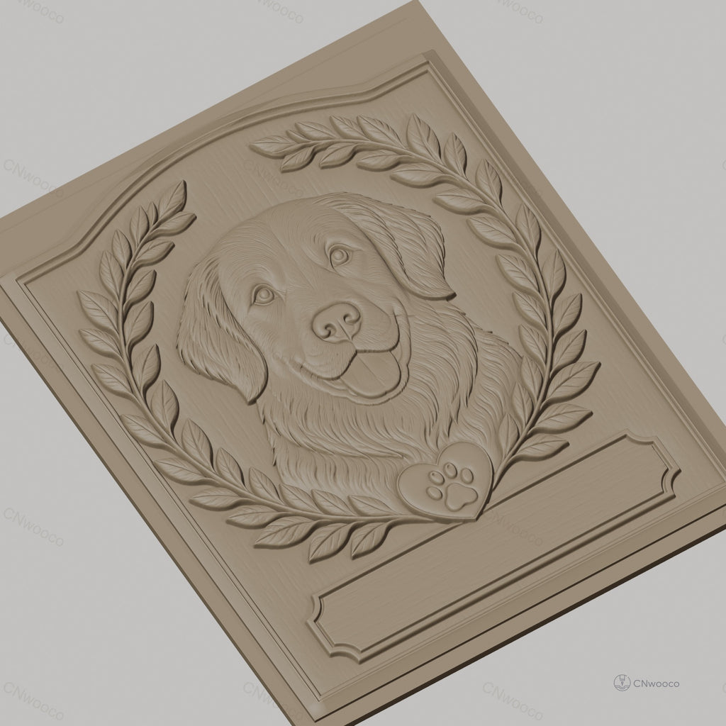 Fichier CNC & impression 3D chien Golden Retriever, couronnes de feuilles et cœur patte, haute qualité relief STL