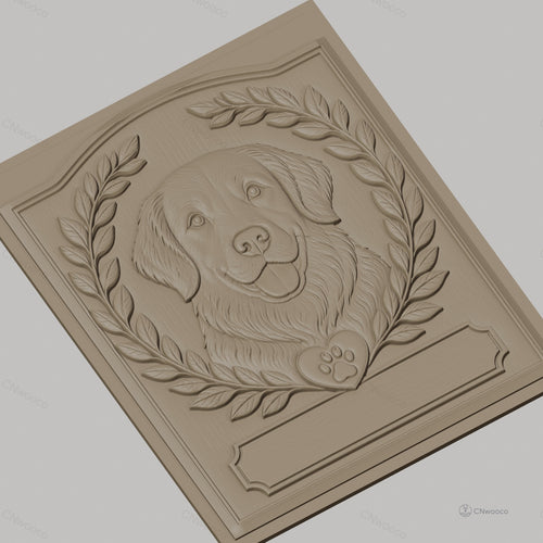 Fichier CNC & impression 3D chien Golden Retriever, couronnes de feuilles et cœur patte, haute qualité relief STL