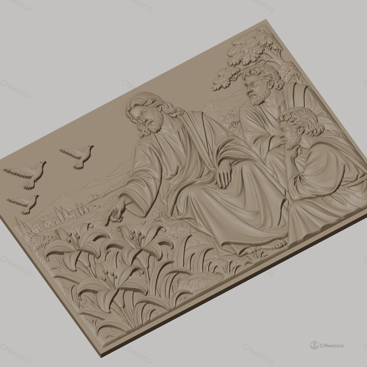 Fichier CNC & impression 3D Jésus enseignant avec disciples, fleurs et colombes, haute qualité relief STL