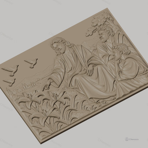 Fichier CNC & impression 3D Jésus enseignant avec disciples, fleurs et colombes, haute qualité relief STL