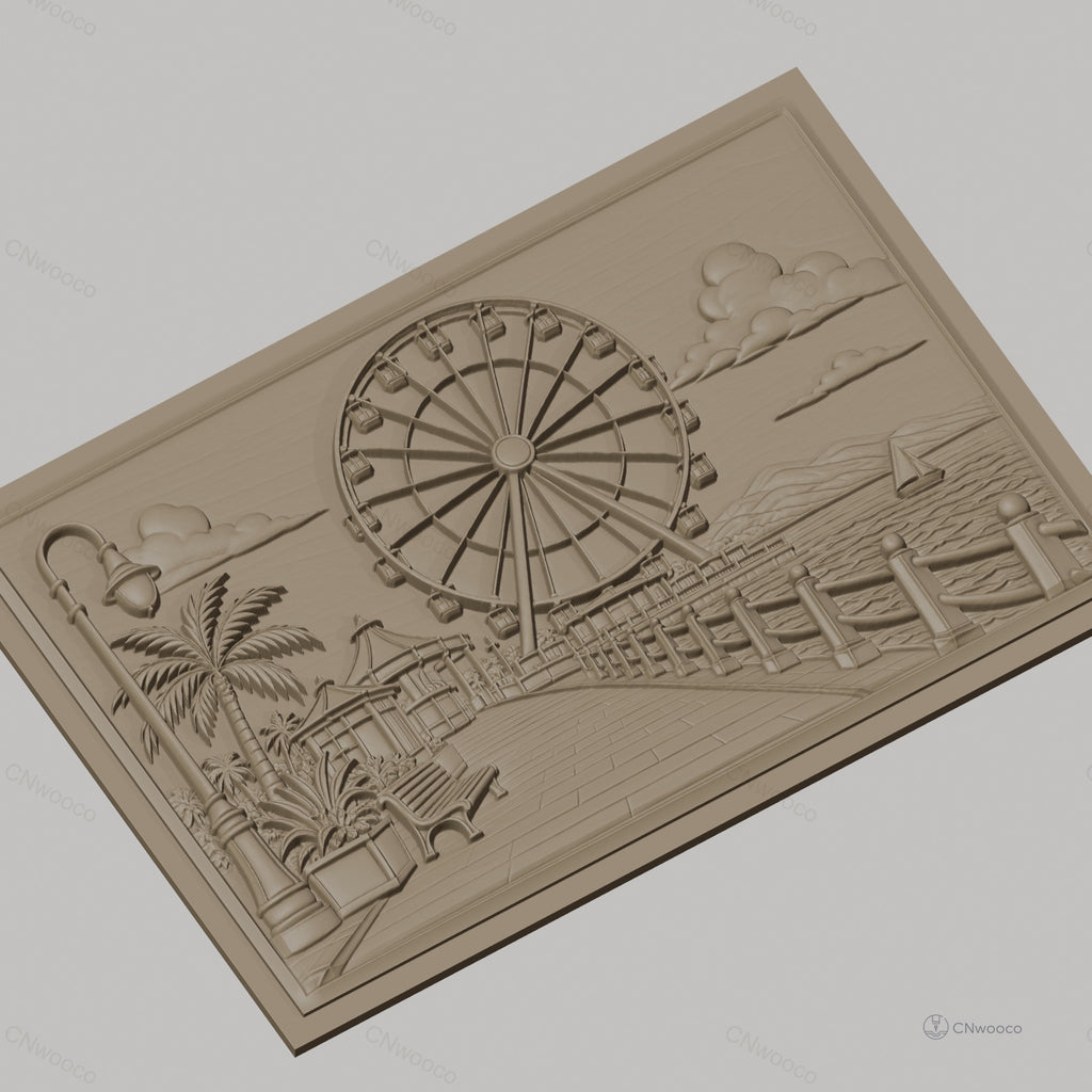 Fichier CNC & impression 3D paysage promenade avec grande roue, banc, lampadaire, haute qualité relief STL