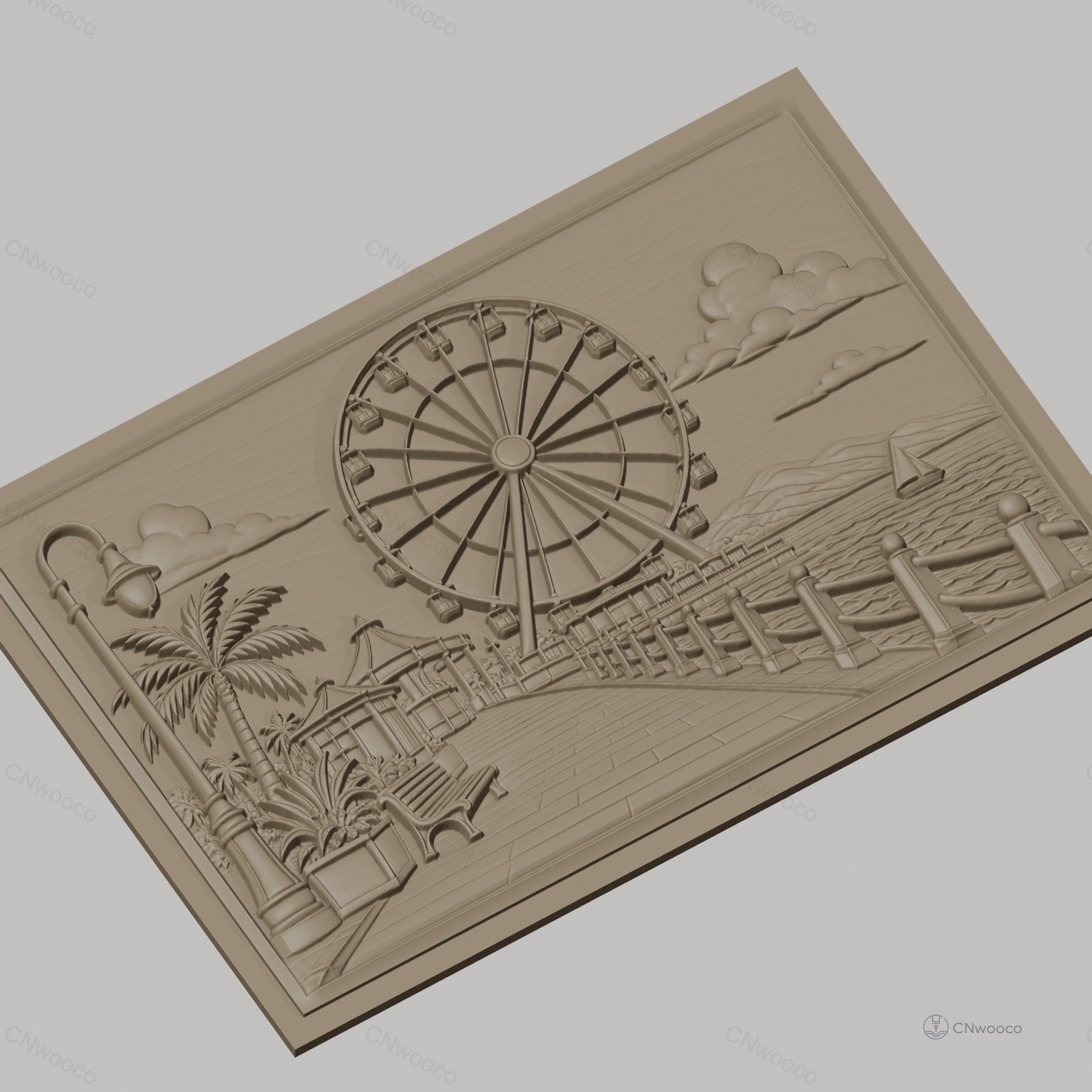 Fichier CNC & impression 3D paysage promenade avec grande roue, banc, lampadaire, haute qualité relief STL