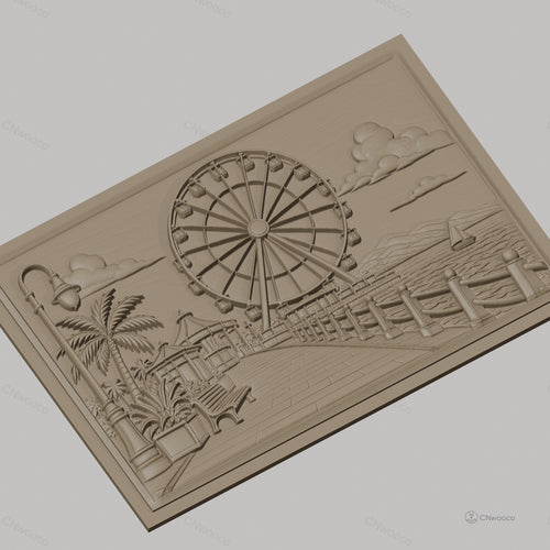Fichier CNC & impression 3D paysage promenade avec grande roue, banc, lampadaire, haute qualité relief STL