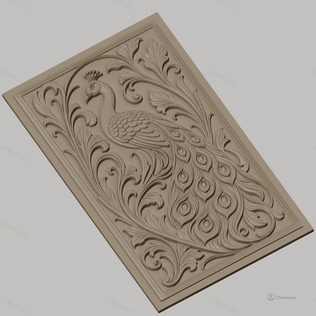 Fichier CNC & impression 3D Paon, relief ornemental avec plumes détaillées et feuillages, haute qualité relief STL
