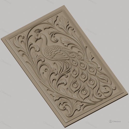 Fichier CNC & impression 3D Paon, relief ornemental avec plumes détaillées et feuillages, haute qualité relief STL