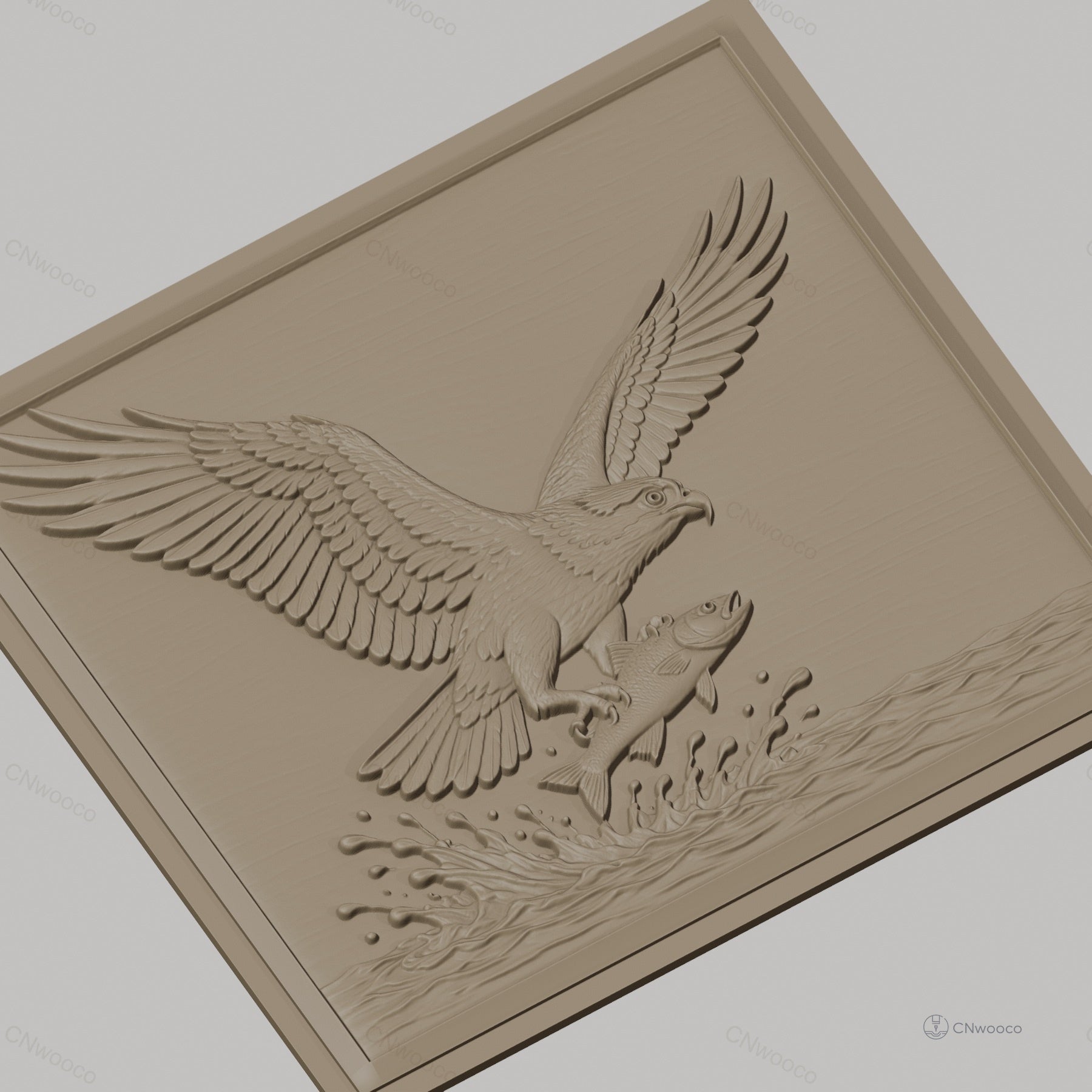 Fichier CNC & impression 3D aigle avec poisson et éclaboussures d'eau, haute qualité relief STL