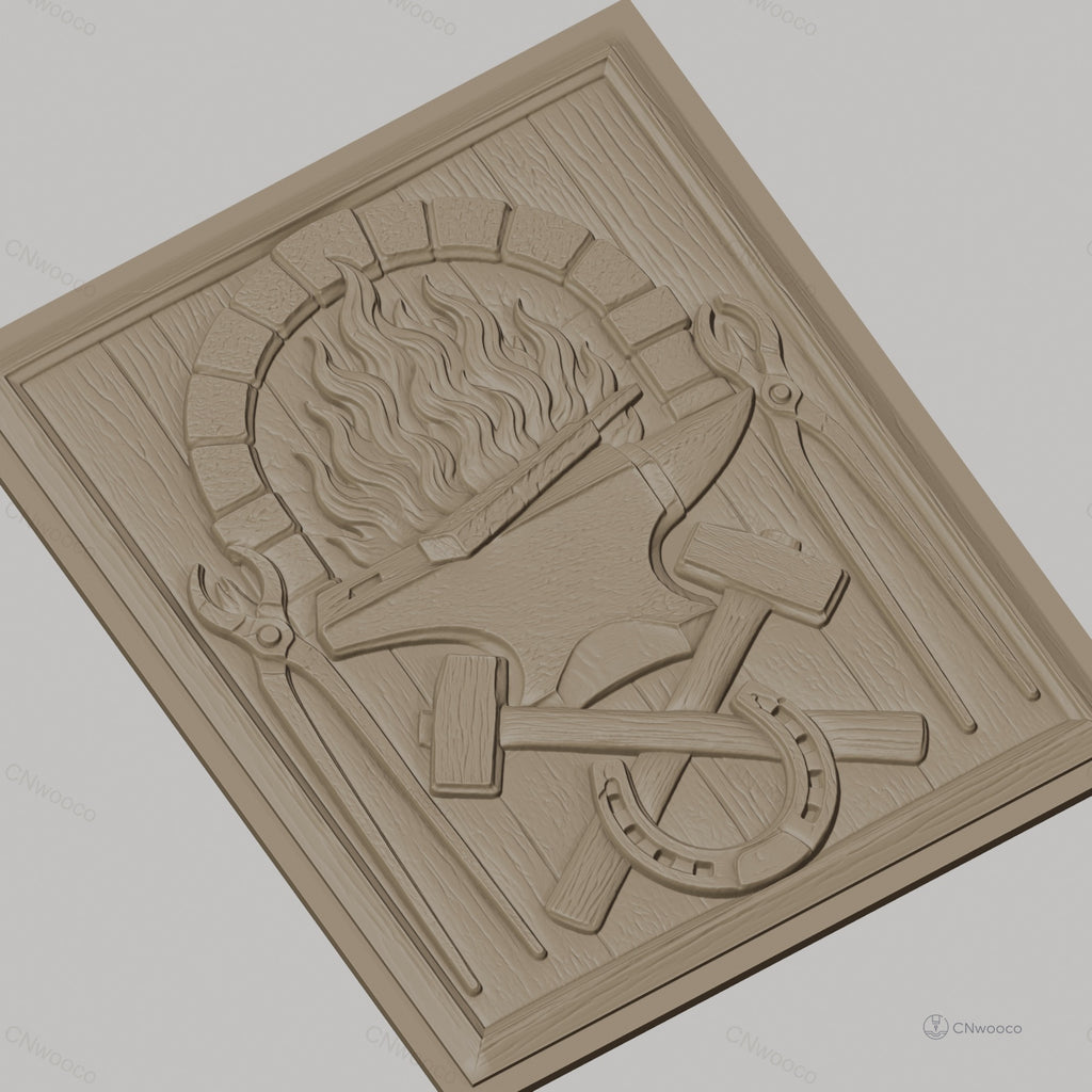 Fichier CNC & impression 3D forgeron, enclume, marteaux croisés, fer à cheval, pinces et feu, haute qualité relief STL