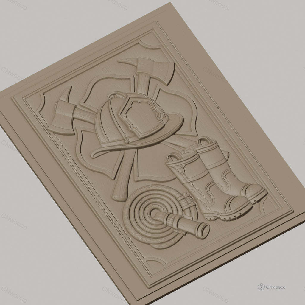 Fichier CNC & impression 3D thème pompier, casque, bottes, hache, tuyau d'incendie, haute qualité relief STL