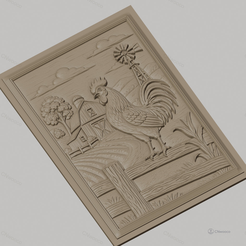 Fichier CNC & impression 3D coq à la ferme, moulin à vent et bâtiment agricole, haute qualité relief STL