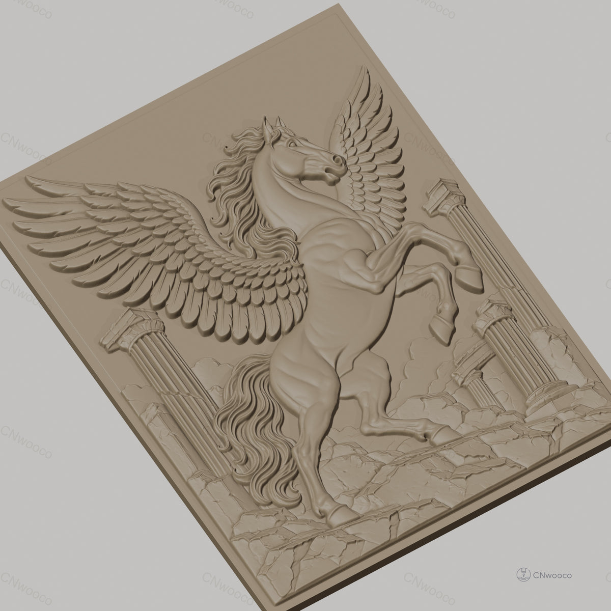 Fichier CNC & impression 3D Pégase légendaire avec colonnes grecques ruines, haute qualité relief STL