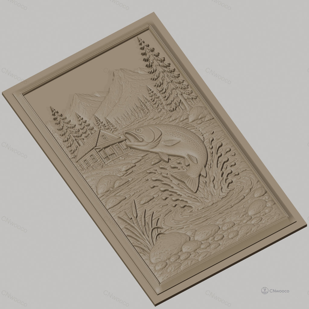 Fichier CNC & impression 3D pêche à la truite, rivière, chalet, montagne, arbres, haute qualité relief STL