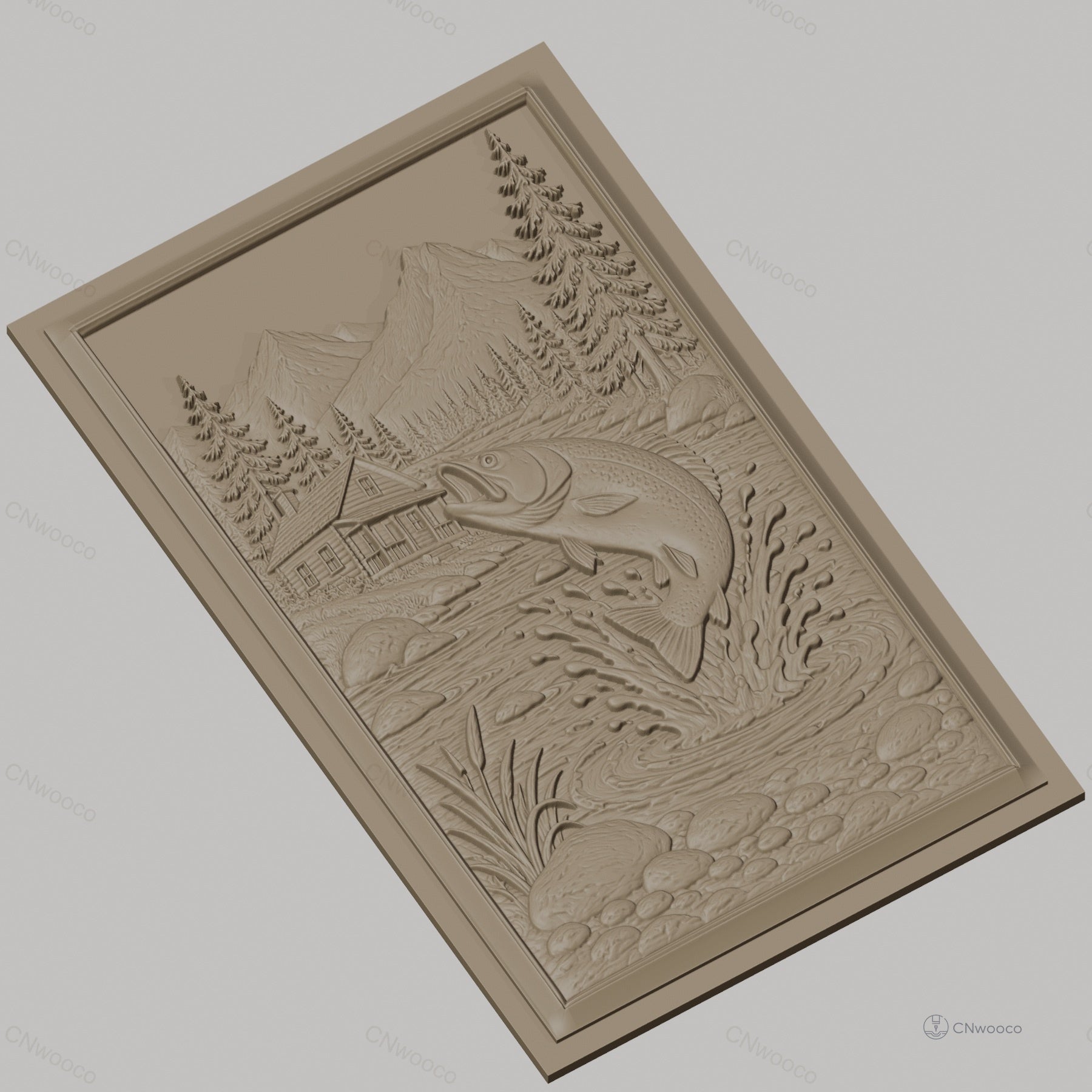 Fichier CNC & impression 3D pêche à la truite, rivière, chalet, montagne, arbres, haute qualité relief STL